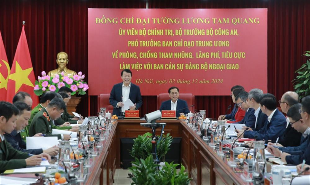 Đại tướng Lương Tam Quang, Ủy viên Bộ Chính trị, Bộ trưởng Bộ Công an phát biểu tại buổi làm việc với Ban Cán sự đảng Bộ Ngoại giao về phòng chống tham nhũng, lãng phí, tiêu cực.