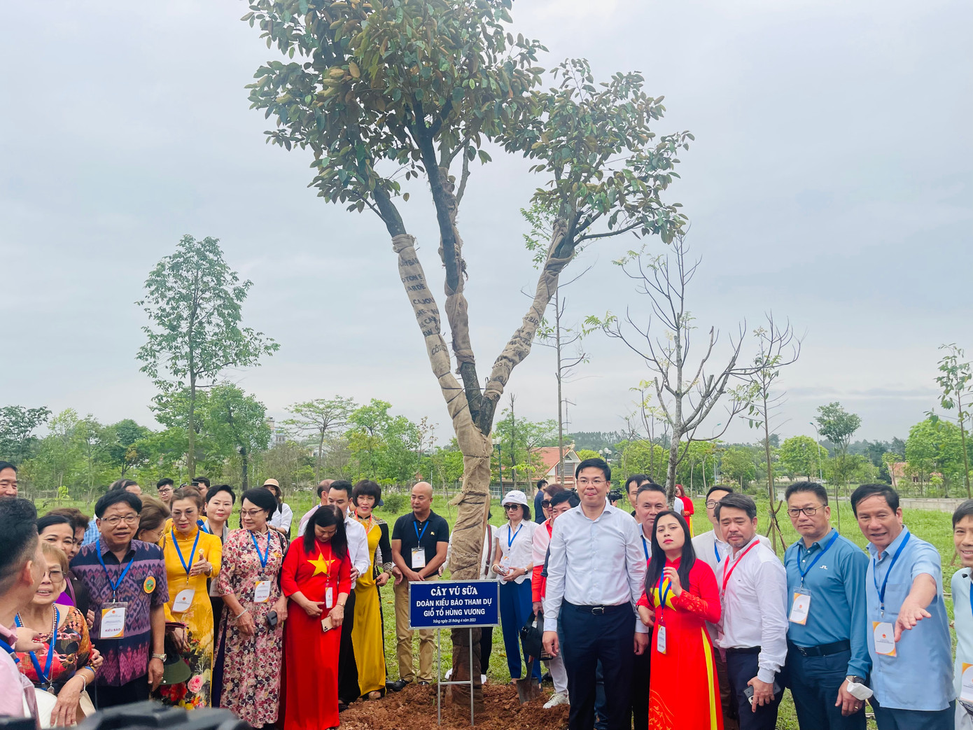 Đoàn kiều bào trồng cây vú sữa tại Đền Giếng. (Ảnh: L.A)