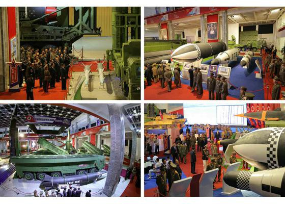 Triển lãm “Tự vệ 2021” trưng bày nhiều loại vũ khí tối tân của Triều Tiên, bao gồm cả tên lửa đạn đạo xuyên lục địa (ICBM) Hwasong-16. Tên lửa này từng xuất hiện trong cuộc duyệt binh tháng 10/2020. Ảnh: Rodong Sinmun
