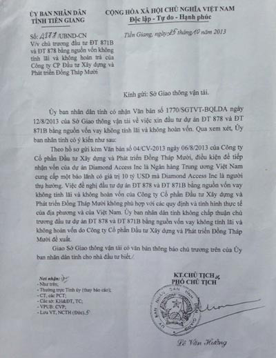 Công văn của UBND tỉnh Tiền Giang từ chối khoản viện trợ cho không khoảng 4.200 tỉ đồng