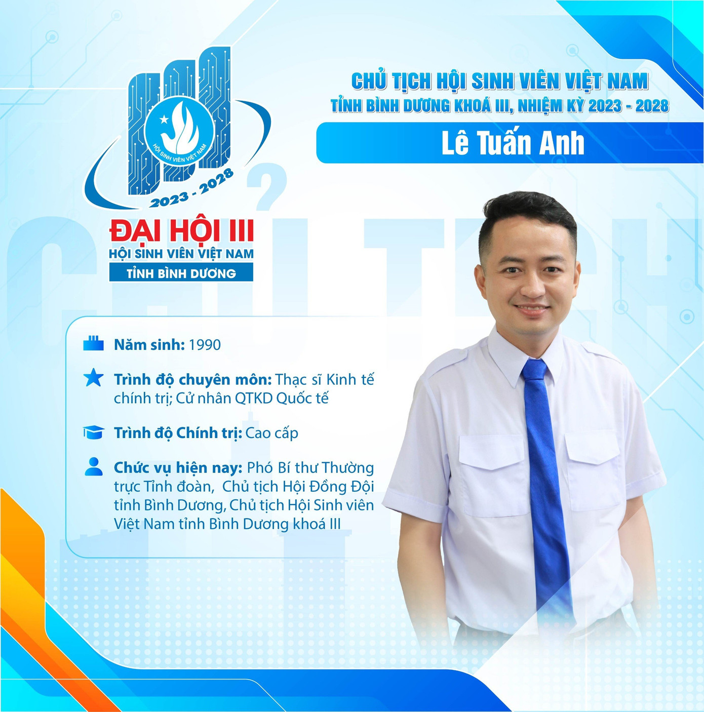 Tân Chủ tịch Hội Sinh viên Việt Nam tỉnh Bình Dương, nhiệm kỳ 2023-2028 Tân Chủ tịch Hội Sinh viên Việt Nam tỉnh Bình Dương, nhiệm kỳ 2023-2028