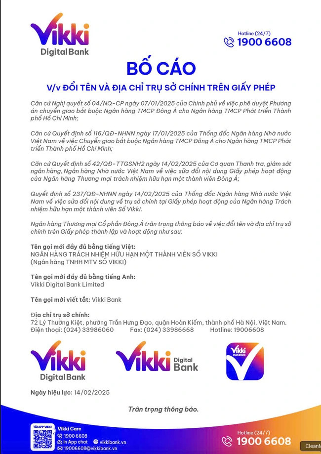 Thông báo của DongA Bank về việc đổi tên và chuyển trụ sở.