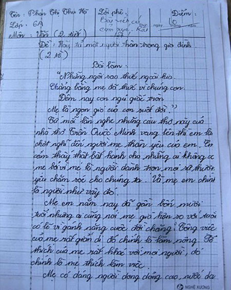  Bài văn của nữ sinh lớp 6 đạt điểm 10 cũng rất xúc động