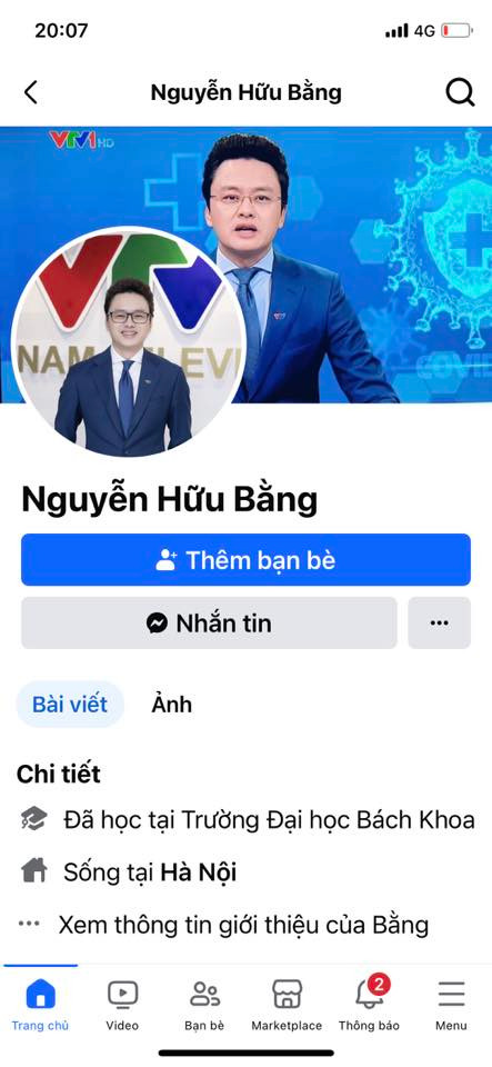 Tài khoản giả mạo BTV Hữu Bằng trên mạng xã hội Facebook.