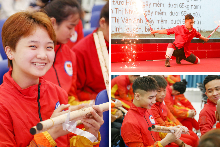 Bộ gậy tập luyện bộ môn võ gậy đã đến tay các vận động viên. Bộ gậy tập luyện bộ môn võ gậy đã đến tay các vận động viên.