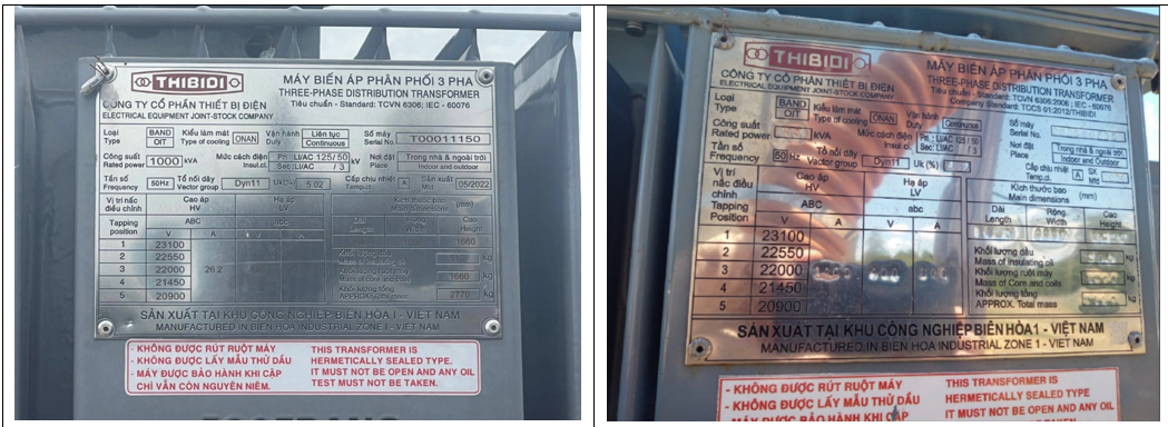 Nhãn máy thật (bên trái) các thông số rõ nét, nhãn máy giả (bên phải) có các dấu hiệu thủ công. Nhãn máy thật (bên trái) các thông số rõ nét, nhãn máy giả (bên phải) có các dấu hiệu thủ công.