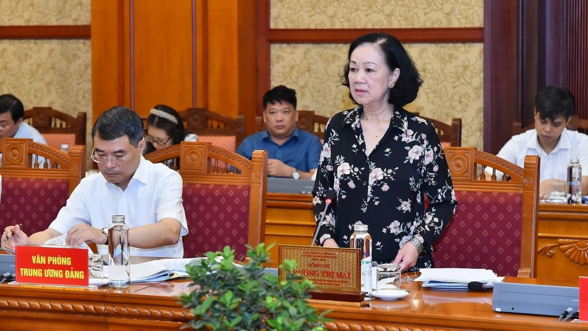 Thường trực Ban Bí thư Trương Thị Mai phát biểu tại hội nghị. Ảnh: VOV.