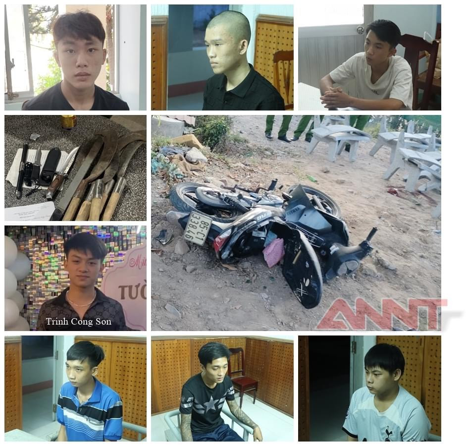 Nhóm của đối tượng Trịnh Công Sơn bị bắt và hung khí gây án. Ảnh: ANTV Ninh Thuận. Nhóm của đối tượng Trịnh Công Sơn bị bắt và hung khí gây án. Ảnh: ANTV Ninh Thuận.