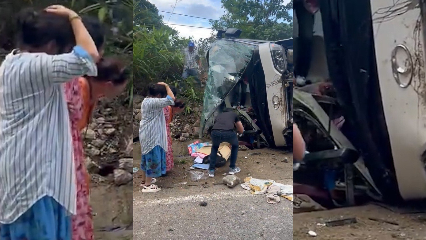 Xe khách chở du khách Trung Quốc bị bẹp dúm sau vụ tai nạn. Ảnh: L.H.