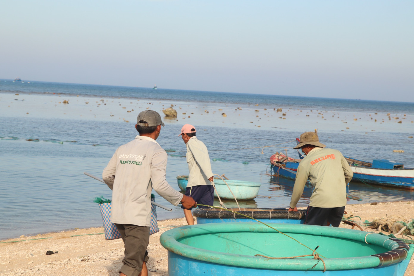 Hàng chục chiếc thúng, ghe cùng ngư dân lên đường ra biển khai thác rong mơ.