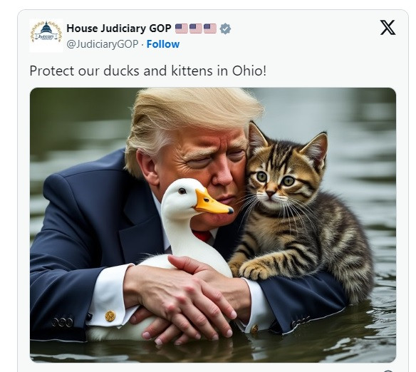 Nhóm nghị sĩ Cộng hòa trong Ủy ban Tư pháp Hạ viện Mỹ đăng trên mạng xã hội ảnh AI ông Donald Trump với lời kêu gọi "Bảo vệ mèo và vịt của chúng ta ở bang Ohio". Ảnh: X