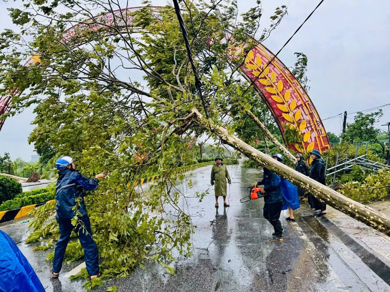 Lực lượng chức năng và đoàn viên, thanh niên tỉnh Thái Bình tham gia khắc phục hậu quả bão số 3.
