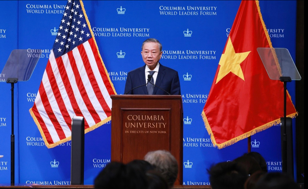 Tổng Bí thư, Chủ tịch nước Tô Lâm phát biểu chính sách tại Đại học Columbia. (Ảnh: Lâm Khánh/TTXVN)