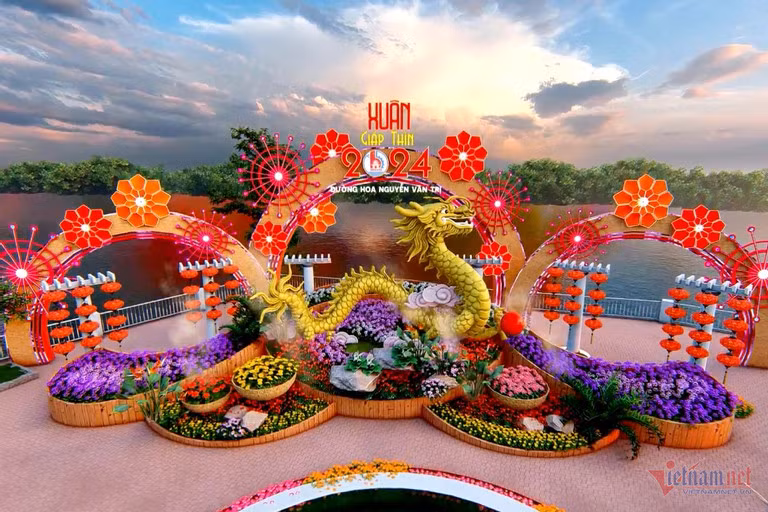 Mô hình Chào Xuân Giáp Thìn 2024 là linh vật con Rồng màu vàng tại đường hoa Nguyễn Văn Trị. Mô hình Chào Xuân Giáp Thìn 2024 là linh vật con Rồng màu vàng tại đường hoa Nguyễn Văn Trị.
