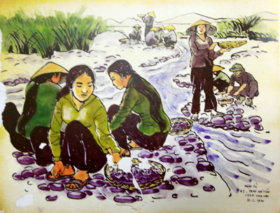 Nhặt sỏi, A3. TNXP Hà Tĩnh, Khe Lau 31-3-1970. Ký họa bút sắt và thuốc nước