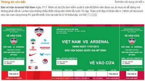 é trận Việt Nam - Arsenal được rao bán trên mạng. Ảnh: CMH
