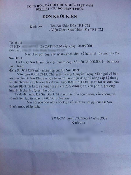 Ảnh đơn kiện ca sĩ Siu Black của bà H.N.H lan tràn trên các trang mạng
