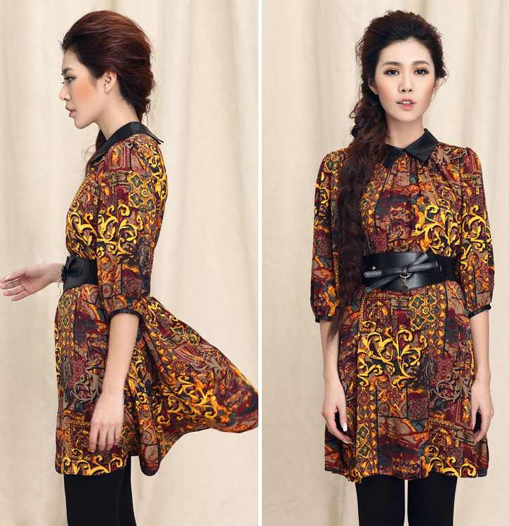 Phong cách họa tiết da báo cách điệu với màu sắc tươi tắn, trẻ trung Hoa văn với tone màu trầm rất "tây" khi kết hợp với điểm nhấn là thắt lưng bản to với cổ áo bằng chất liệu da.