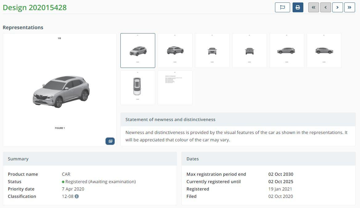 Hai kiểu dáng công nghiệp được VinFast đăng ký ở Australia. Hai kiểu dáng công nghiệp được VinFast đăng ký ở Australia.