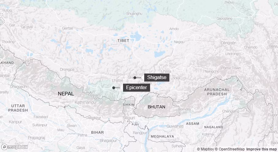 Tâm chấn của trận động đất nằm gần biên giới Nepal. Thành phố lớn gần tâm chấn nhất là Shigatse, cách đó khoảng 180 km. (Ảnh: CNN) Tâm chấn của trận động đất nằm gần biên giới Nepal. Thành phố lớn gần tâm chấn nhất là Shigatse, cách đó khoảng 180 km. (Ảnh: CNN)