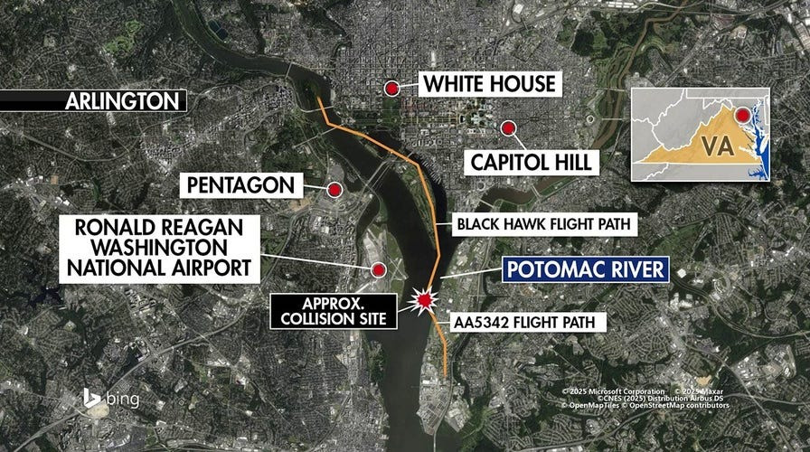 Vụ tai nạn xảy ra gần Lầu Năm Góc, Nhà Trắng và Đồi Capitol. (Ảnh: Fox News) Vụ tai nạn xảy ra gần Lầu Năm Góc, Nhà Trắng và Đồi Capitol. (Ảnh: Fox News)