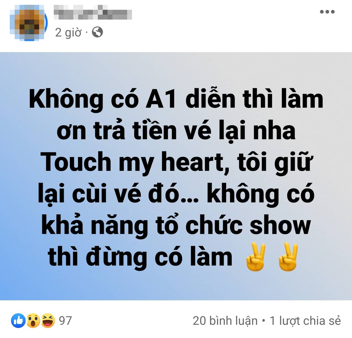 Người xem yêu cầu BTC hoàn tiền vé vì không có sự xuất hiện của A1 như đã thông báo. Người xem yêu cầu BTC hoàn tiền vé vì không có sự xuất hiện của A1 như đã thông báo.