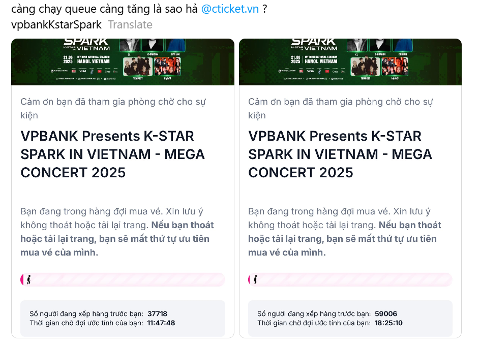 Lượt chờ liên tục bị đẩy cao hơn thay vì giảm xuống khiến fan tức giận. Một số cư dân mạng cho biết lỗi này từng gặp khi chờ mua đợt pre-sale (hôm 20/5). Lượt chờ liên tục bị đẩy cao hơn thay vì giảm xuống khiến fan tức giận. Một số cư dân mạng cho biết lỗi này từng gặp khi chờ mua đợt pre-sale (hôm 20/5).