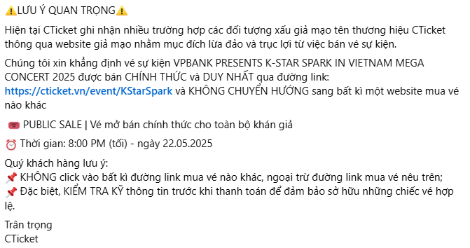 Cảnh báo đối tượng giả mạo thương hiệu Cticket được nền tảng đăng tải trên mạng xã hội.
