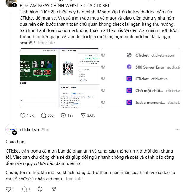 Phản hồi dài của Cticket dưới bài đăng của khán giả phản ánh họ bị "scam ngay chính website của Cticket".