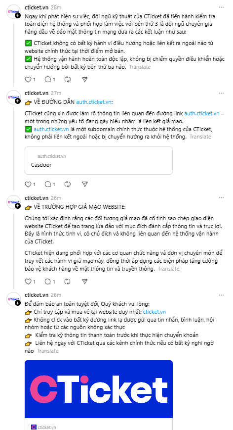 Phản hồi dài của Cticket dưới bài đăng của khán giả phản ánh họ bị "scam ngay chính website của Cticket".