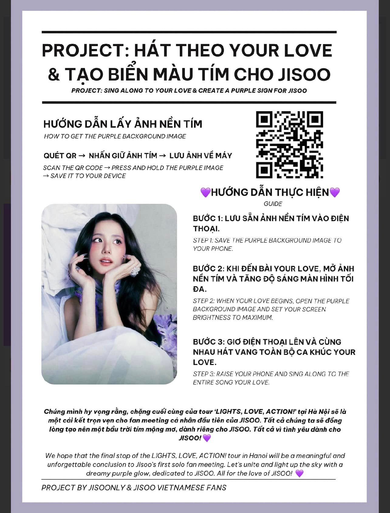 Fanpage lớn của Jisoo tại Việt Nam đang kêu gọi người hâm mộ tạo biển tím khi nữ idol hát Your Love. Nếu có thể, hãy cùng thực hiện để thành viên BLACKPINK thêm nhớ thương fan Việt nhé! - Ảnh: Jisoonly