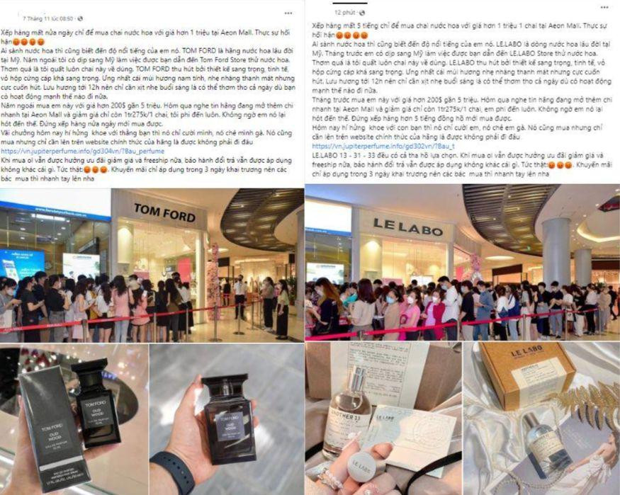 Mỗi bài đăng &quot;phàn nàn xếp hàng&quot; là một thương hiệu nước hoa nổi tiếng, nhưng nội dung lại tương đồng đến 90%, được chạy quảng cáo liên tục nên sở hữu lượt tương tác cao.