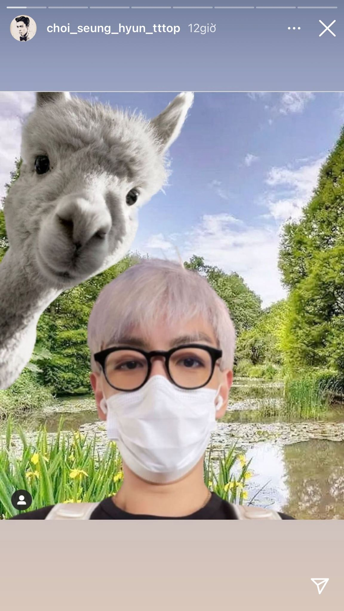 T.O.P tiện tay đăng Story Instagram tấm ảnh selfie cùng một kiểu dáng, biểu cảm nhưng bối cảnh đã khác. Nam rapper chọn đăng ảnh selfie cùng một chú lạc đà. T.O.P tiện tay đăng Story Instagram tấm ảnh selfie cùng một kiểu dáng, biểu cảm nhưng bối cảnh đã khác. Nam rapper chọn đăng ảnh selfie cùng một chú lạc đà.