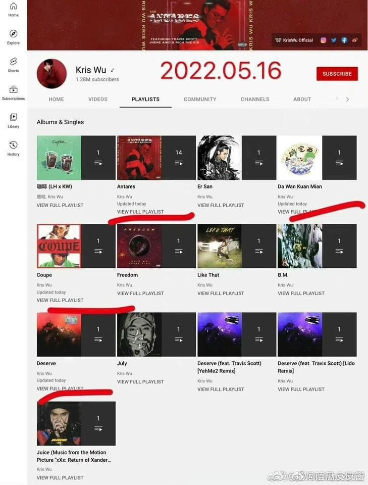 Không chỉ vậy, netizen còn phát hiện động thái mới trên kênh YouTube chính thức của Ngô Diệc Phàm liên tục cập nhật playlist từ ngày 16/5. Không chỉ vậy, netizen còn phát hiện động thái mới trên kênh YouTube chính thức của Ngô Diệc Phàm liên tục cập nhật playlist từ ngày 16/5.