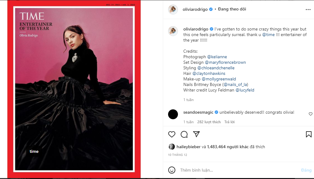 Không nhất thiết là ảnh bìa tạp chí, ngay cả bức ảnh được TIME dùng để công bố Olivia Rodrigo đạt danh hiệu Nhân Vật Giải Trí Của Năm cũng được nữ ca sĩ đăng lại trên Instagram nhằm cảm ơn tạp chí, không quên nhắc tên ê-kíp tạo nên bức ảnh. Không nhất thiết là ảnh bìa tạp chí, ngay cả bức ảnh được TIME dùng để công bố Olivia Rodrigo đạt danh hiệu Nhân Vật Giải Trí Của Năm cũng được nữ ca sĩ đăng lại trên Instagram nhằm cảm ơn tạp chí, không quên nhắc tên ê-kíp tạo nên bức ảnh.