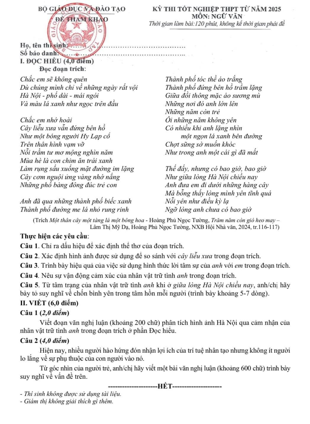 Đề tham khảo môn Ngữ Văn thi tốt nghiệp THPT năm 2025.