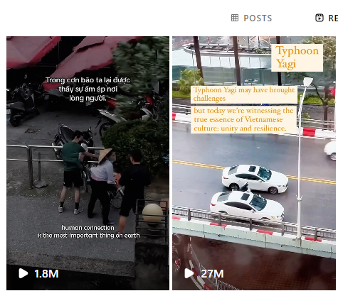 2 đoạn video được tài khoản trên đăng tải đều hút hàng triệu lượt xem nhờ nghĩa cử nhân văn của người dân Việt Nam giữa lúc bão số 3 đổ bộ. 2 đoạn video được tài khoản trên đăng tải đều hút hàng triệu lượt xem nhờ nghĩa cử nhân văn của người dân Việt Nam giữa lúc bão số 3 đổ bộ.