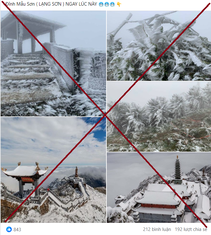 Tuyết phủ trắng đỉnh Mẫu Sơn đang được các fanpage chia sẻ là thông tin sai sự thật.