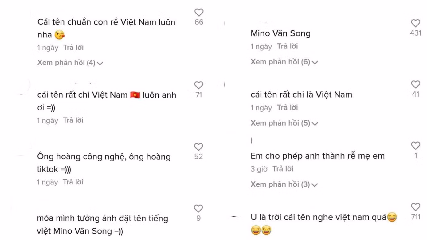 Từ "van" chèn giữa tên của Mino khiến Vnet liên tưởng đên tên đệm phổ biến của người Việt - "văn". Chính vì vậy, fan đùa rằng phải chăng anh chàng quá mê Việt Nam nên đã chọn cái tên chuẩn "rể Việt" - "Mino Văn Song".