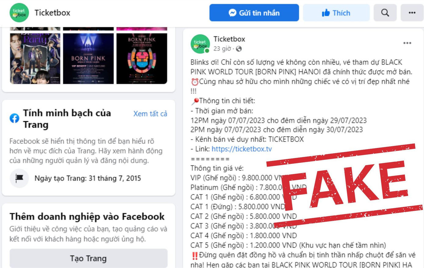 Fanpage giả mạo đăng bài với nội dung giống với fanpage thật nhưng đính kèm link đặt vé giả.