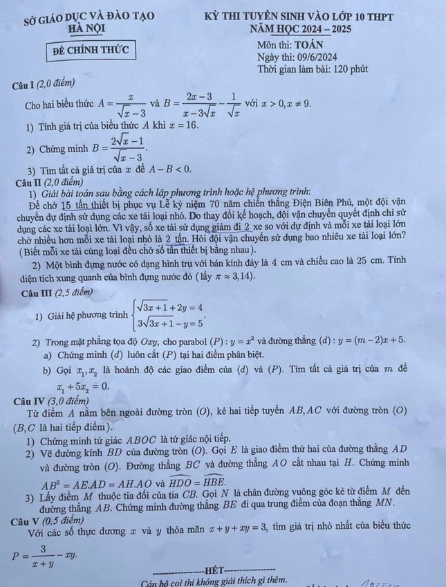 Đề thi Toán vào lớp 10 tại Hà Nội.