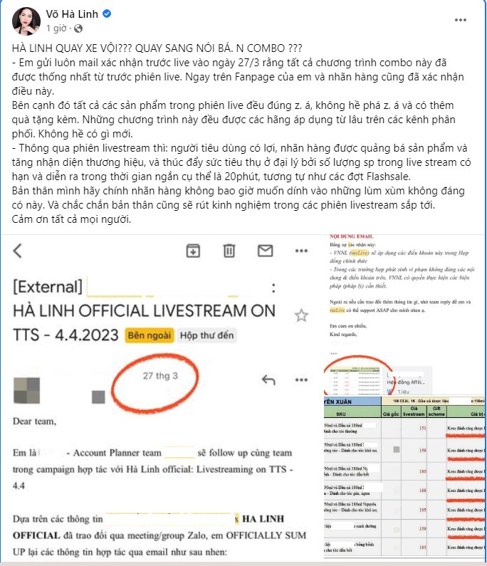 Bài đăng thanh minh vào chiều 5/4 của Võ Hà Linh.
