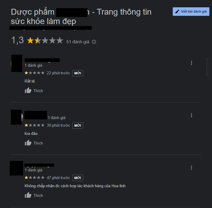Trên Google, công ty dược phẩm H.L nhận về hàng loạt các đánh giá 1 sao hậu tranh cãi. Trên Google, công ty dược phẩm H.L nhận về hàng loạt các đánh giá 1 sao hậu tranh cãi.