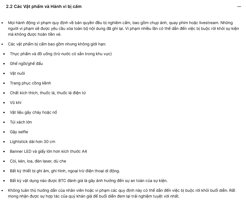 Toàn bộ các vật phẩm và hành vi bị cấm tại concert.