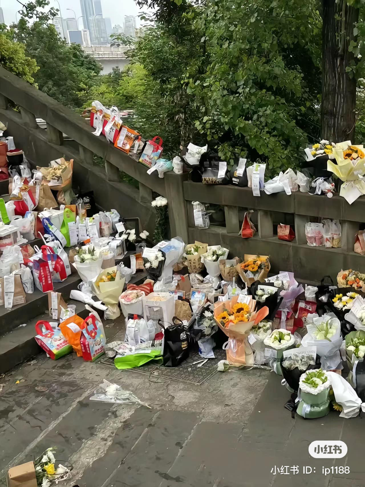 Hoa và đồ ăn để kín trên cây cầu mà Mèo Béo gieo mình xuống.