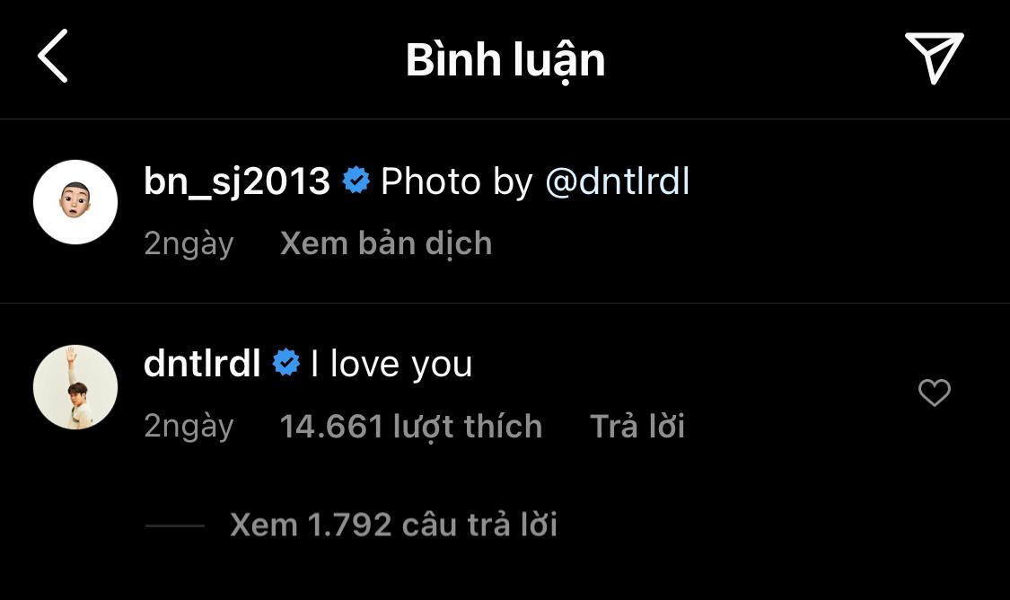 Woo Sik đã ngay lập tức đáp lại "I love you" (Mình yêu cậu) dưới trạng thái của Seo Joon khiến fan hết sức phấn khích. Woo Sik đã ngay lập tức đáp lại "I love you" (Mình yêu cậu) dưới trạng thái của Seo Joon khiến fan hết sức phấn khích.