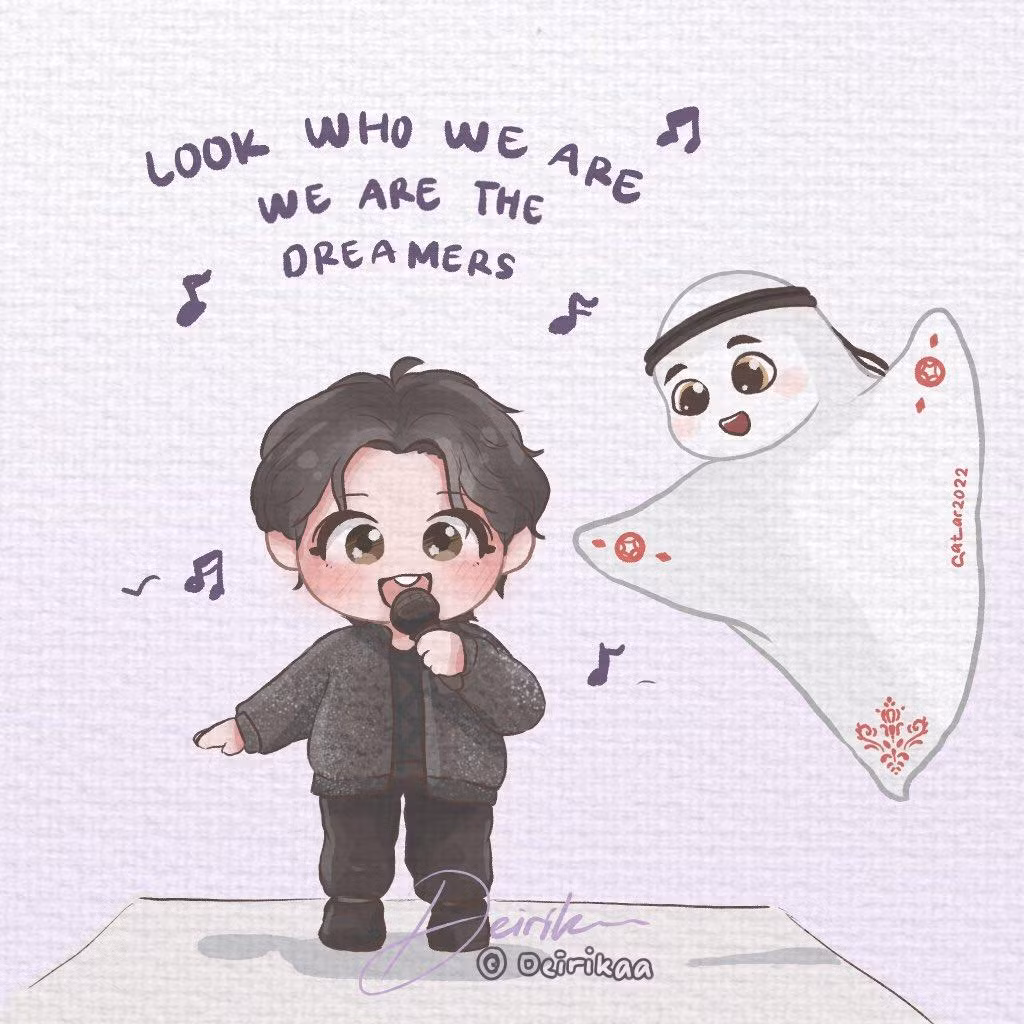 Phiên bản chibi của Jung Kook và La'eeb tại đêm khai mạc World Cup 2022 được fan vẽ lại nhận được gần 4K lượt tim của cư dân mạng (tính đến thời điểm hiện tại). - Ảnh: @deirikaa