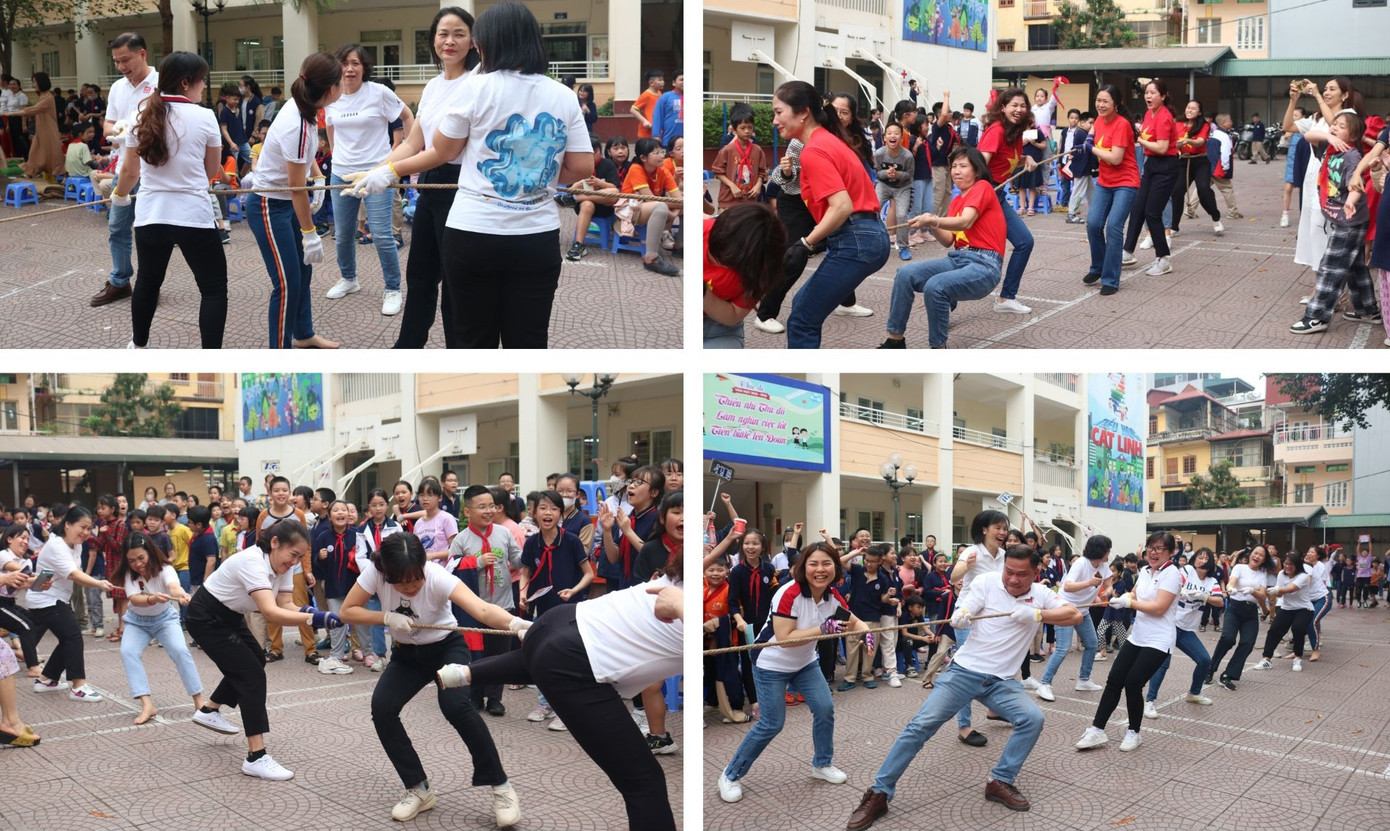 Không chỉ tween mà các thầy cô của trường Tiểu học Cát Linh cũng tham gia ngày hội với phần thi kéo co. Các bạn học sinh càng bất ngờ và hứng khởi khi phát hiện cô Hiệu trưởng và Phó Hiệu trưởng cũng có mặt trong các đội thi kéo co. Không chỉ tween mà các thầy cô của trường Tiểu học Cát Linh cũng tham gia ngày hội với phần thi kéo co. Các bạn học sinh càng bất ngờ và hứng khởi khi phát hiện cô Hiệu trưởng và Phó Hiệu trưởng cũng có mặt trong các đội thi kéo co.