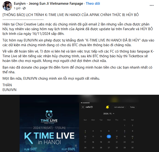Các fanpage thông báo sự kiện hủy bỏ và nhắc fan giữ lại mail đã đặt vé để yêu cầu hoàn tiền từ đơn vị phân phối. Các fanpage thông báo sự kiện hủy bỏ và nhắc fan giữ lại mail đã đặt vé để yêu cầu hoàn tiền từ đơn vị phân phối.