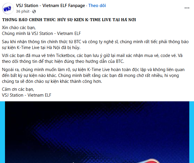 Các fanpage thông báo sự kiện hủy bỏ và nhắc fan giữ lại mail đã đặt vé để yêu cầu hoàn tiền từ đơn vị phân phối. Các fanpage thông báo sự kiện hủy bỏ và nhắc fan giữ lại mail đã đặt vé để yêu cầu hoàn tiền từ đơn vị phân phối.